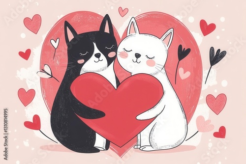 Obraz na płótnie cartoon cat and dog embracing within a heart-shaped frame, surrounded by pink and red drawn hearts and cupid arrows on a pastel background for valentine's day w salonie