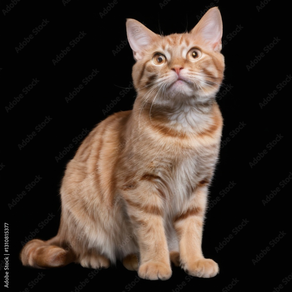 Obraz premium Curious orange tabby cat with alert expression, sitting on black background, looking at camera. Horizontal stripes on light brown fur.