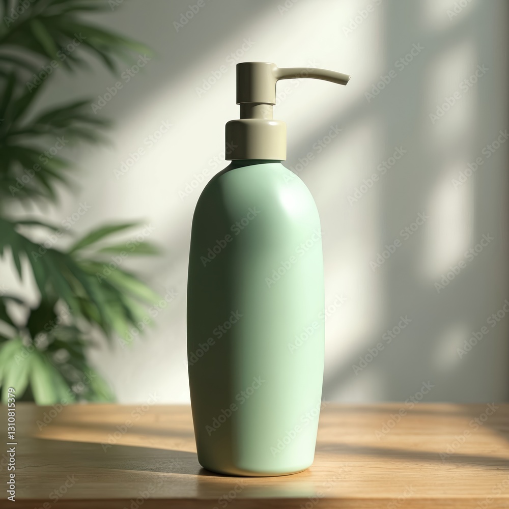Mockup of matte green curved shampoo bottle on wooden table. White wall with blurred house plant leaves background. Cosmetic dispenser product. Cream, lotion, soap, gel container. Eco friendly Mockup of matte green curved shampoo bottle on wooden table. White wall with blurred house plant leaves background. Cosmetic dispenser product. Cream, lotion, soap, gel container. Eco friendly