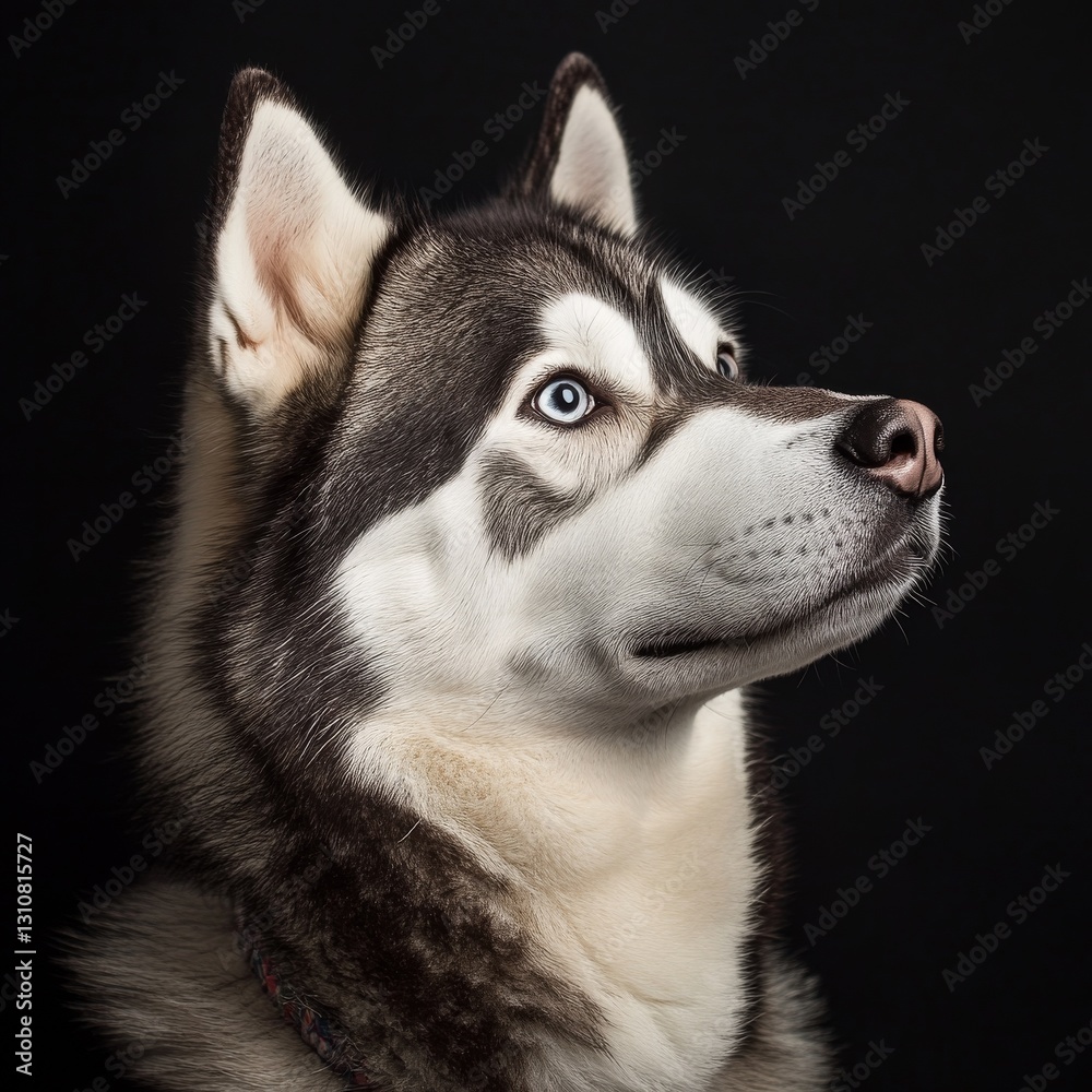 Fototapeta premium Majestic Husky Portrait: A Close-Up of a Blue-Eyed Dog on a Dark Background, Exuding Alertness and Noble Elegance.