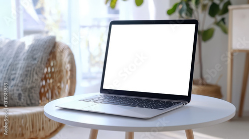 Laptop mockup in the morning sun in a cozy home environment. A laptop with a white blank screen stands on a round white table in a room with a plant in the background