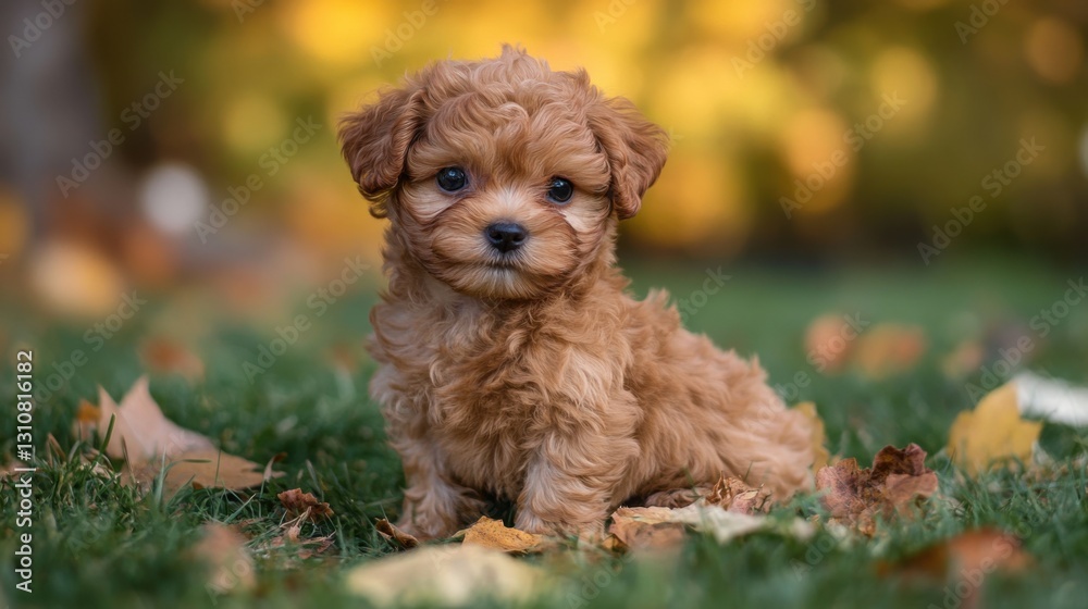 adorable fluffy cavapoo puppy in autumn leaves adorable fluffy cavapoo puppy in autumn leaves
