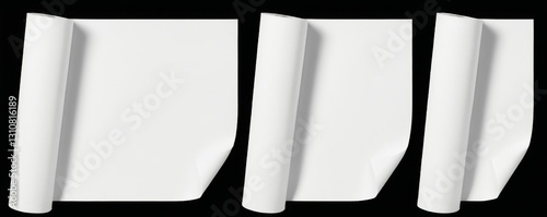 Abstract composition of three glossy white paper rolls arranged in a triangle on black background.