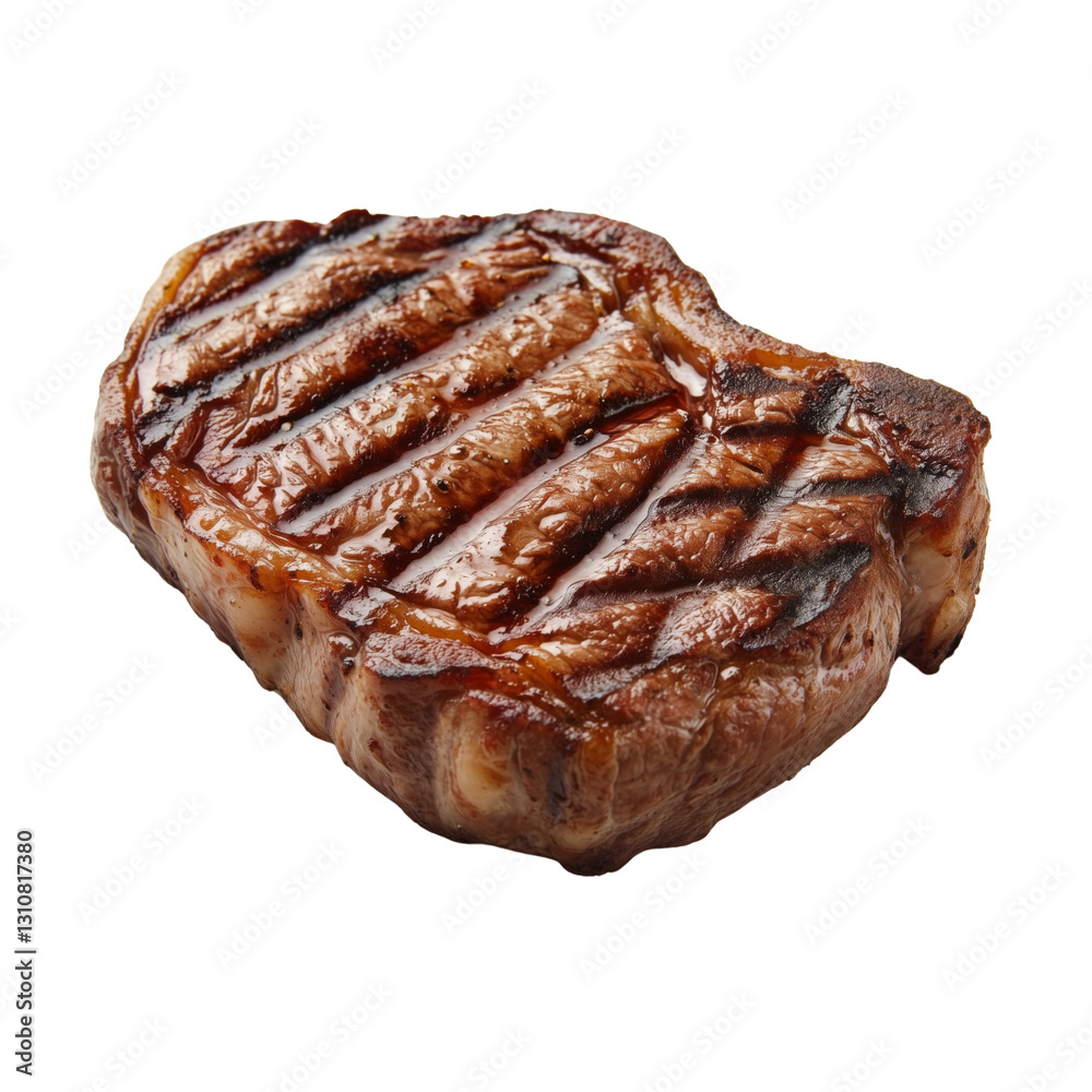 Grilled beef steak with grill marks, showcasing a perfectly cooked piece of meat with char lines. Ideal for BBQ and culinary content. Isolated on white background Grilled beef steak with grill marks, showcasing a perfectly cooked piece of meat with char lines. Ideal for BBQ and culinary content. Isolated on white background