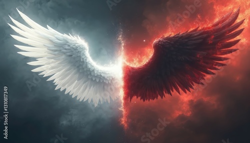 Concept art of good versus evil white glowing angel wing contrasts dark evil red demon wing. Heaven and hell split. Good and bad balance. Fantasy cinematic duel illustration of faith.