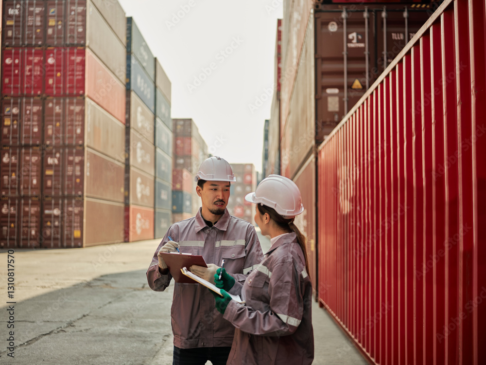 A team of engineers talks to managers at the Container cargo .