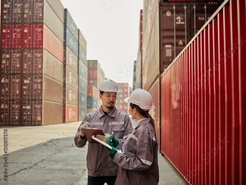 Obraz na płótnie A team of engineers talks to managers at the Container cargo . w salonie