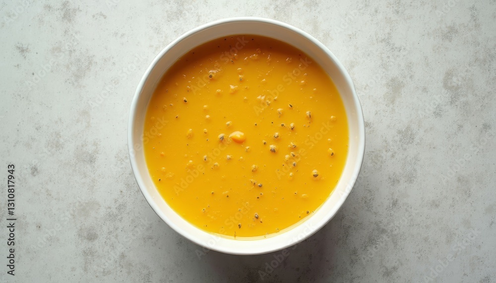 Overhead view of hearty squash soup in white bowl on textured surface Overhead view of hearty squash soup in white bowl on textured surface