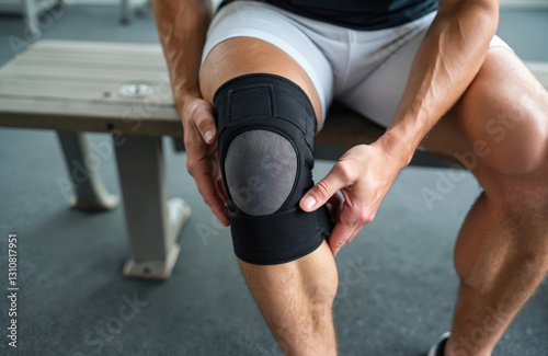 Man puts knee brace to support painful leg. Athlete wears elastic kneecap bandage for compression, fix trauma. Close-up leg support sleeve for health problems, pain recovery in gym.