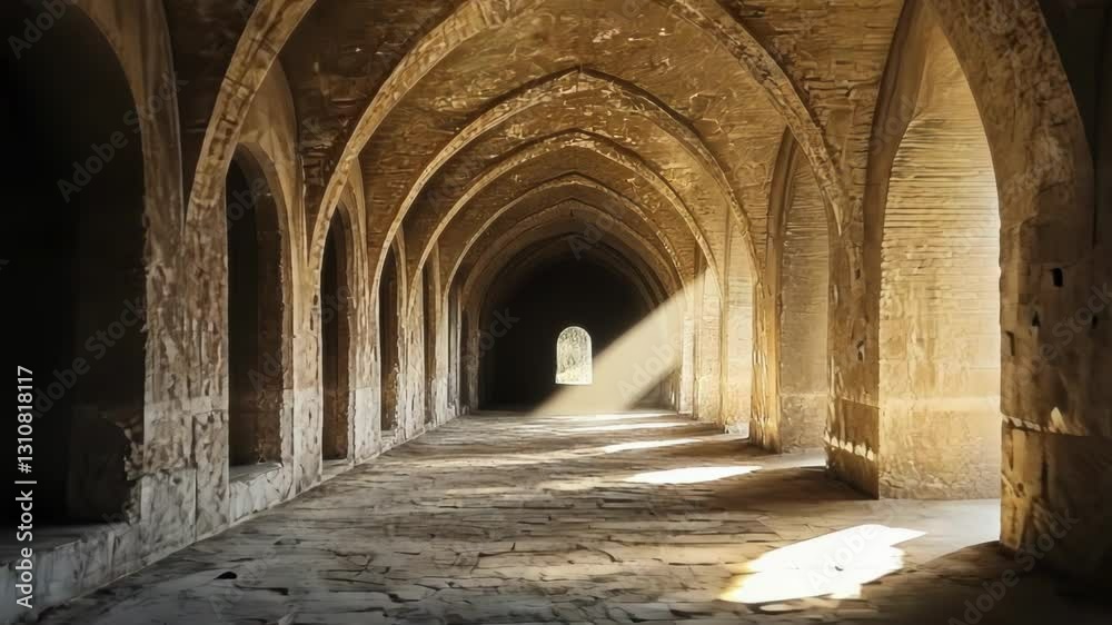 A serene stone corridor with arches illuminated by soft light. A serene stone corridor with arches illuminated by soft light.