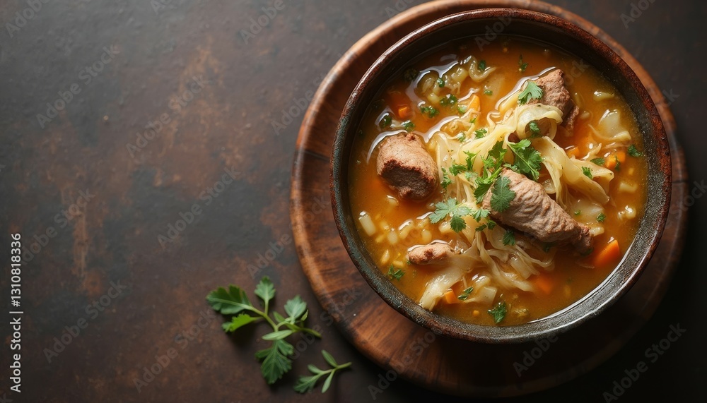 Rustic bowl of hearty beef and cabbage soup with fresh parsley garnish Rustic bowl of hearty beef and cabbage soup with fresh parsley garnish