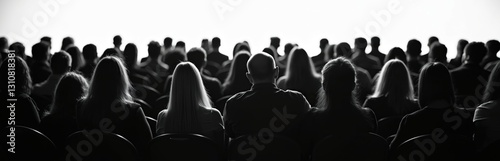 Silhouettes of diverse audience members watching presentation. Group of seated people in black, white in panoramic view listen lecture performance. Concept of teamwork, meeting, conference seminar.