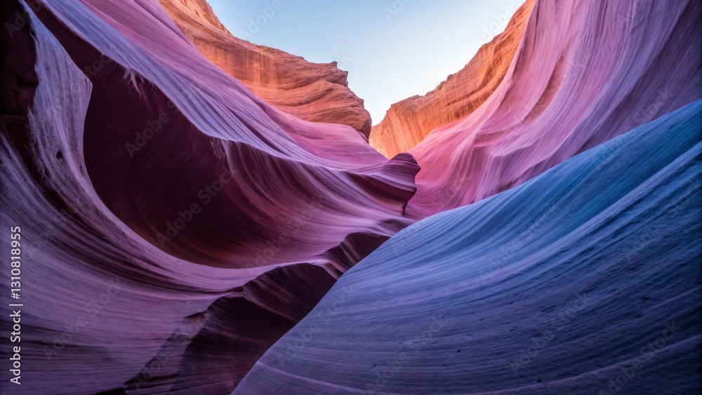 Obraz premium A stunning view of colorful rock formations in a narrow canyon, showcasing vibrant hues of purple, pink, and blue under a clear sky.