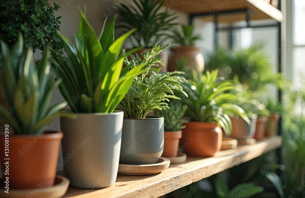 Shelf displays many potted houseplants in shop. Botanic store offers flowerpots with green plants, house decor, garden elements. Different pot variations, gardening selection, plant growth indoors. Shelf displays many potted houseplants in shop. Botanic store offers flowerpots with green plants, house decor, garden elements. Different pot variations, gardening selection, plant growth indoors.