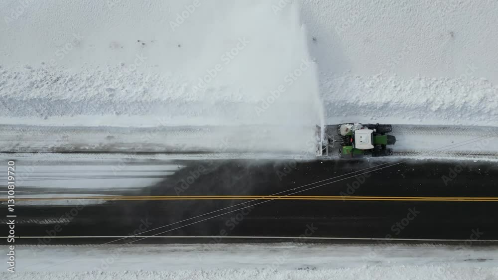 Vertical aerial view of a roadside snow clearing machine - Vue aérienne verticale d'une machine de déneigement opérant en bord de route