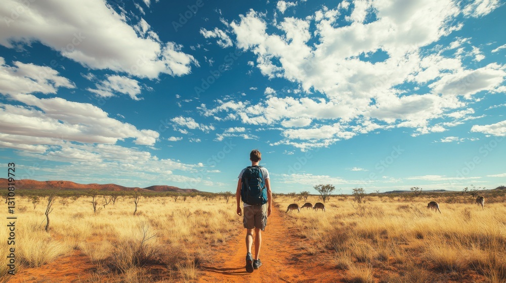 man hiking in australian outback with kangaroos man hiking in australian outback with kangaroos