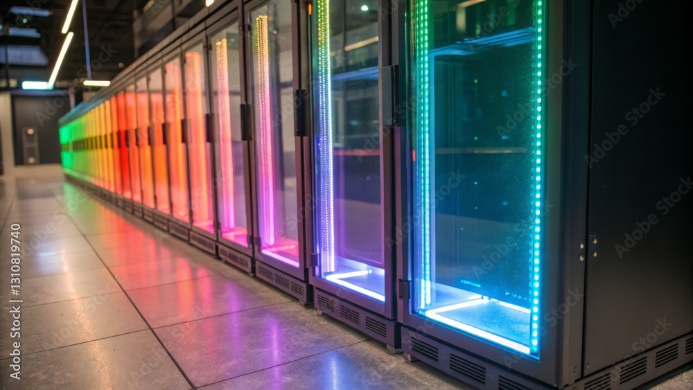 A row of illuminated server racks featuring colorful LED lights, showcasing a modern data center environment with a sleek design. A row of illuminated server racks featuring colorful LED lights, showcasing a modern data center environment with a sleek design.