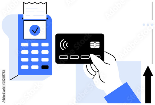 Hand holding card near payment terminal with receipt. Ideal for finance, shopping, digital transaction, retail, banking, technology, cashless concept. Flat simple metaphor