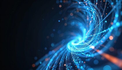 Dynamic swirling strands of blue light create abstract composition. Varying intensities evoke energy flow. Tech innovation background with glow, movement. Vibrant lines form smooth curves for modern