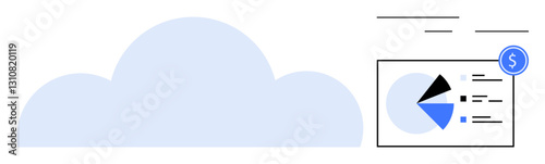 Large cloud graphic with financial pie chart and dollar icon representing financial data analysis and cloud computing. Ideal for finance, business, technology, data management, analysis, cloud