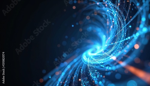 Dynamic swirling strands of blue light create abstract composition. Varying intensities evoke energy flow. Tech innovation background with glow, movement. Vibrant lines form smooth curves for modern
