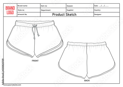 Shorts pant vector illustration template with tech pack details