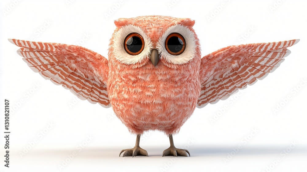 Obraz premium Adorable Pink Cartoon Owl with Wings Spread Wide Cute Bird Illustration Digital Art