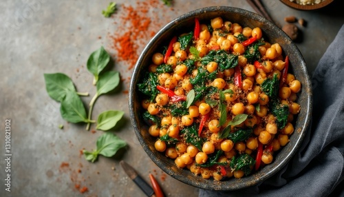 Fototapeta Naklejka Na Ścianę i Meble -  Spicy Chickpea Stir-Fry with Spinach and Red Peppers in Rustic Bowl
