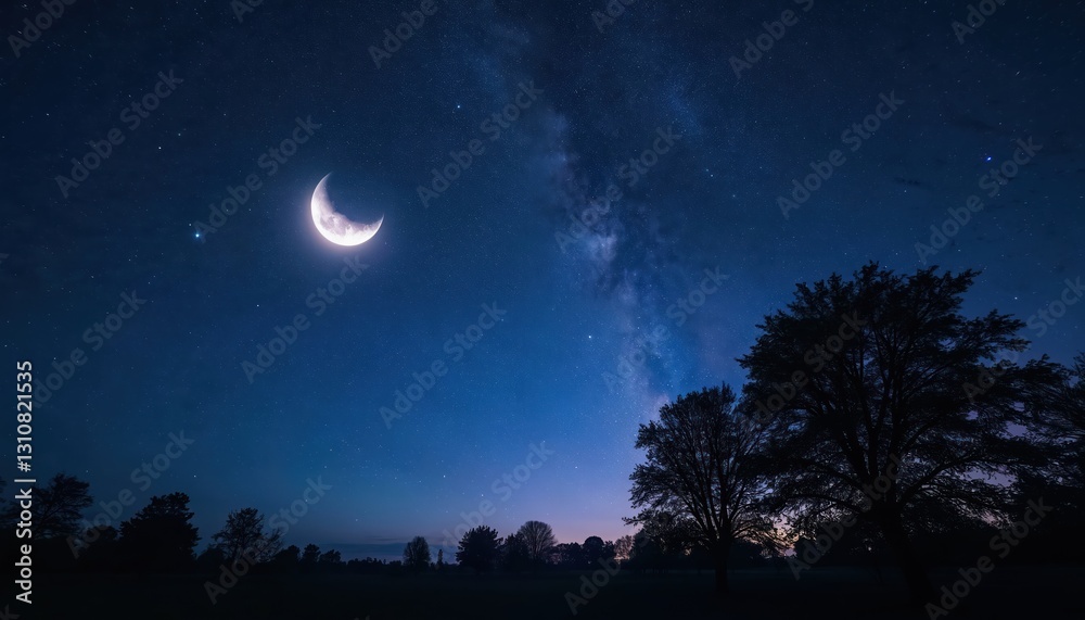 A starry night scene with a crescent moon and clear constellations against dark blue sky. Silhouette of trees at night, Milky Way, dreamy mystical atmosphere with shining stars. A starry night scene with a crescent moon and clear constellations against dark blue sky. Silhouette of trees at night, Milky Way, dreamy mystical atmosphere with shining stars.