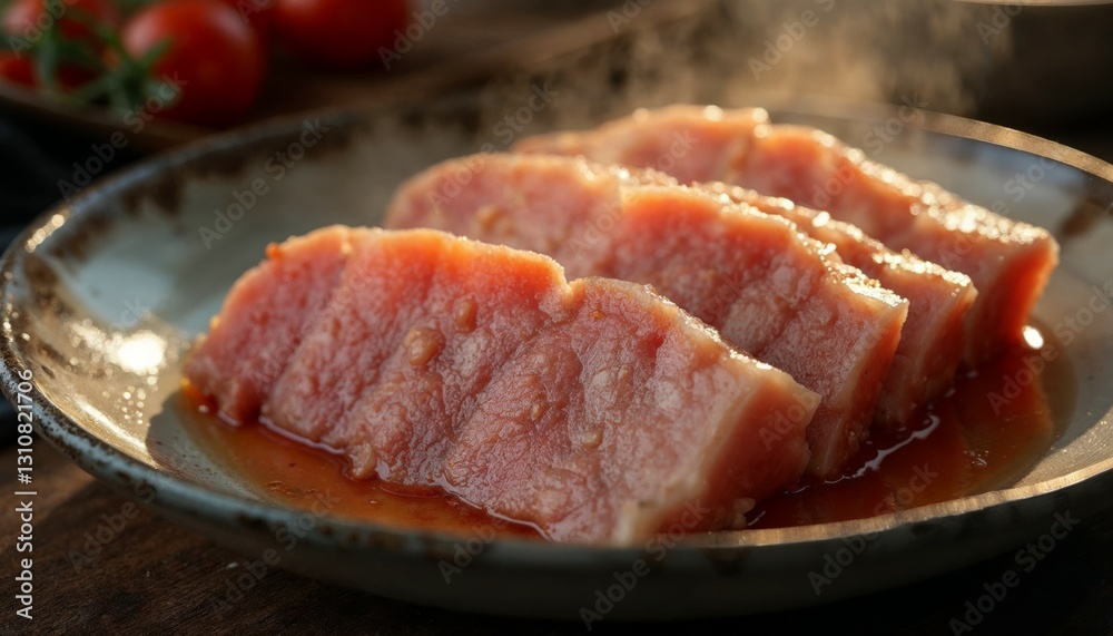 Steaming slices of marinated tuna ready to be served on ceramic platter Steaming slices of marinated tuna ready to be served on ceramic platter