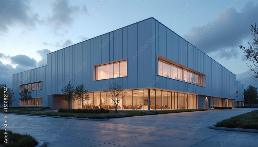 Obraz premium Exterior view of modern commercial facility at dusk with glass walls, large windows. Contemporary corporate R, D building, business headquarter. Urban office concept with parking, green landscape.