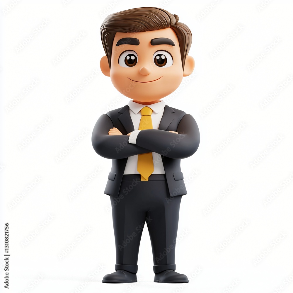 Confident Cartoon Businessman 3D Render Arms Crossed Professional Suit Tie Corporate Confident Cartoon Businessman 3D Render Arms Crossed Professional Suit Tie Corporate