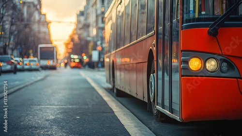 Urban City Bus on Street with Sunset Glow in Background, Dynamic Urban Environment