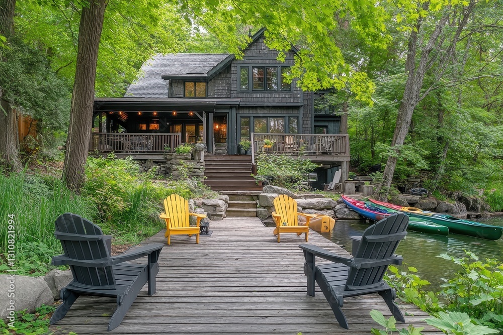 Rustic lake house with dock, Adirondack chairs, and kayaks. Perfect for illustrating peaceful waterfront living and summer vacations. Rustic lake house with dock, Adirondack chairs, and kayaks. Perfect for illustrating peaceful waterfront living and summer vacations.