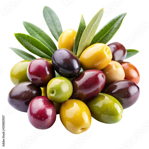 A bunch of fresh olives isolated on a white background. Ideal for food, Mediterranean cuisine, and healthy eating content.

