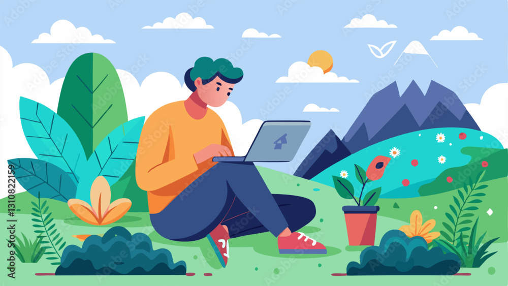 Fototapeta premium Investment Strategies An illustration of a digital nomad sketching investment ideas on a tablet while sitting on a hilltop surrounded by nature and a laptop.
