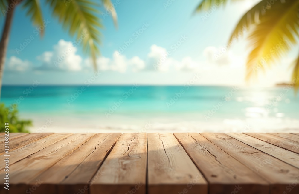 Fototapeta premium Empty wooden table on blurred tropical beach background. Summer holiday background for product display template. Beautiful blurred coast backdrop with copy space. Design of rustic desk with leaf