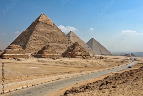 In this awe-inspiring tableau, pyramids, majestic and timeless, serve as a profound testament to harmonious convergence of human brilliance and awe-inspiring forces of nature