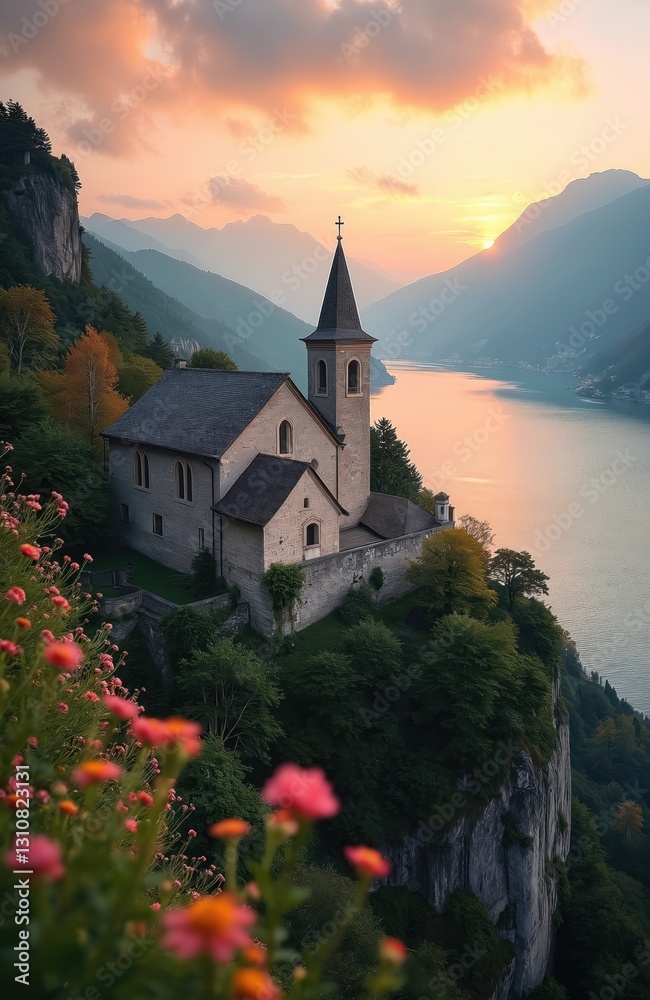 Fototapeta premium Sunrise view of Madonna del Sasso Sanctuary overlooking Lake Maggiore in Orselina, Switzerland. Picturesque landscape, mountain, flowers, famous landmark, tourism in Ticino Canton. Religious building