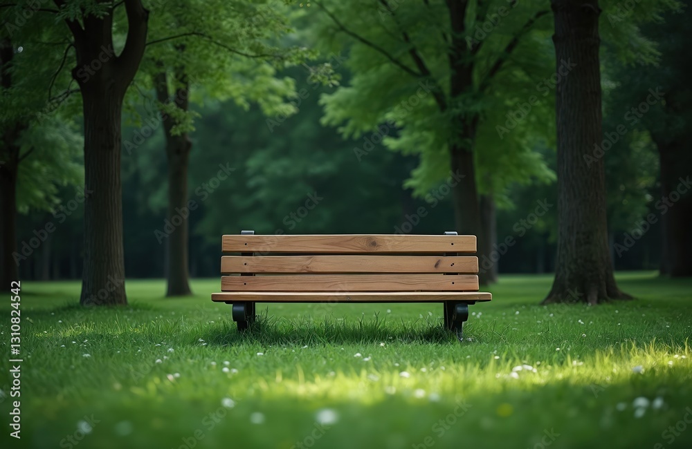 Empty wooden bench stands on green grass lawn in public park. Trees surround seat. Summer park landscape invites visitors to relax in tranquil garden. Nobody around, calm nature scene. Empty wooden bench stands on green grass lawn in public park. Trees surround seat. Summer park landscape invites visitors to relax in tranquil garden. Nobody around, calm nature scene.