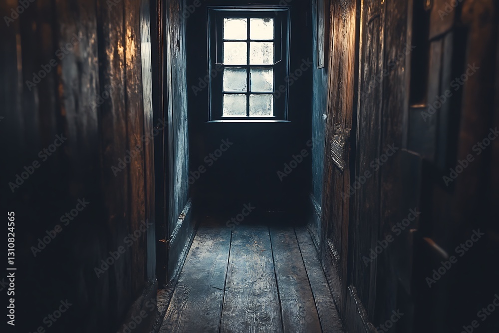 Dark, narrow hallway with wooden walls, floor, and a small window.