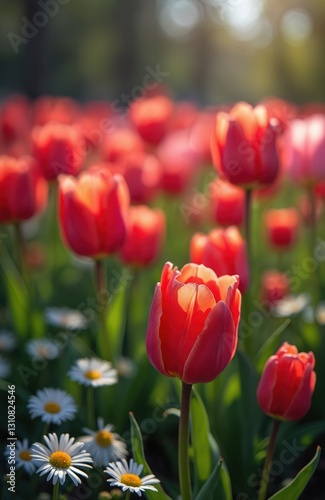 Field with red tulips, chamomile. Spring bloom floral display in garden or park. Vibrant flowers with soft petals. Fresh botanical beauty, ideal for background use.