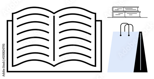 Open book with visible text lines, a stack of books, and a shopping bag. Ideal for education, reading, literature, study, knowledge sharing online classes bookstore themes. Flat simple metaphor