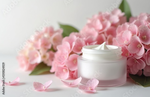 Wallpaper Mural Cosmetic cream jar with pink hydrangea flowers on white background. Beauty product for skincare, body, face treatment, aromatherapy, spa, wellness, relax. Anti-aging herbal cream presentation. Torontodigital.ca