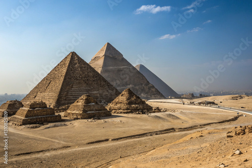 In this awe-inspiring tableau, pyramids, majestic and timeless, serve as a profound testament to harmonious convergence of human brilliance and awe-inspiring forces of nature