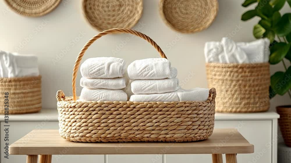 Serene Home Textiles: A cozy wicker basket overflows with neatly folded, pristine towels, presenting a sense of purity and comfort.