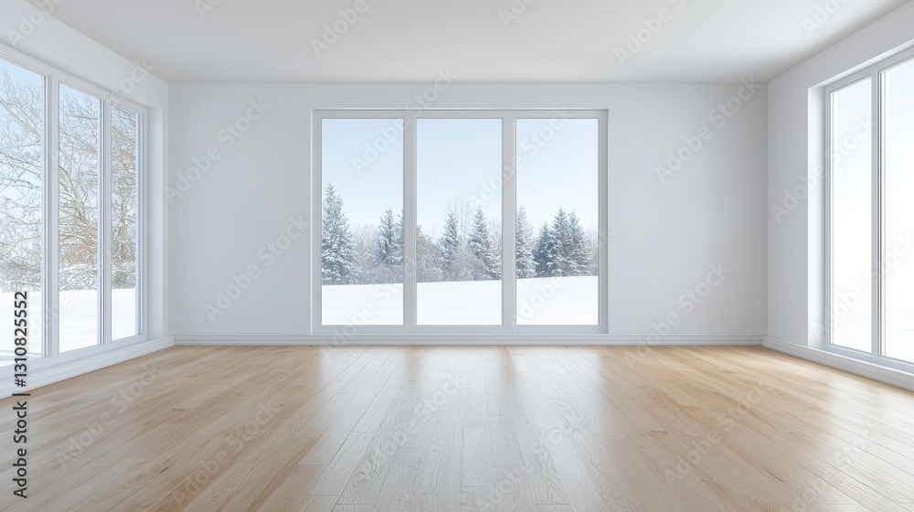 Bright, empty room with large windows overlooking snowy landscape, featuring modern wooden flooring and white walls. Bright, empty room with large windows overlooking snowy landscape, featuring modern wooden flooring and white walls.