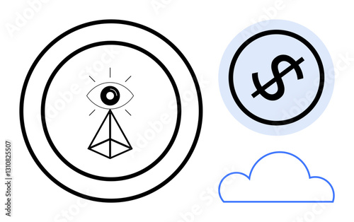 All-seeing eye inside concentric circles, dollar symbol in blue circle, and cloud outline. Ideal for finance, technology, vision, strategy, connectivity knowledge security. Flat simple metaphor