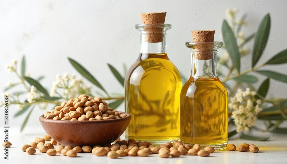 Argan seeds and oil in bottle isolated. Raw argan nuts in wooden bowl, cooking oil in glass bottles with cork, olive branch leaves. Healthy vegan food. Argan seeds and oil in bottle isolated. Raw argan nuts in wooden bowl, cooking oil in glass bottles with cork, olive branch leaves. Healthy vegan food.