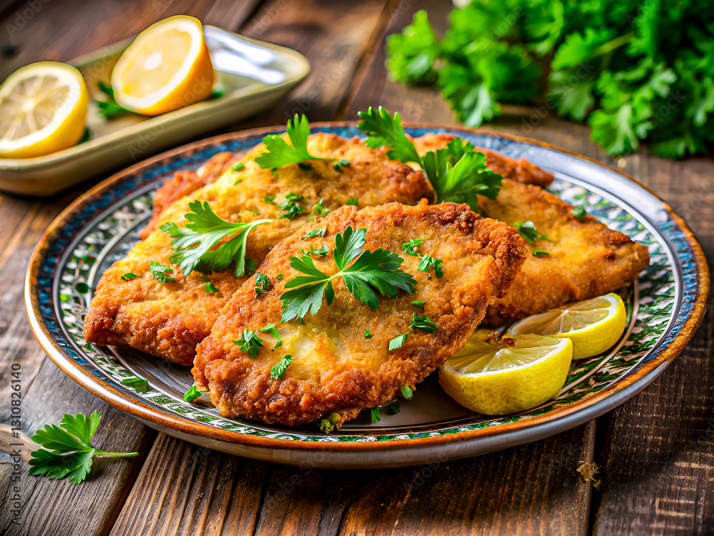 Tasty chicken cutlets with lemon and parsley. Delicious food background Tasty chicken cutlets with lemon and parsley. Delicious food background